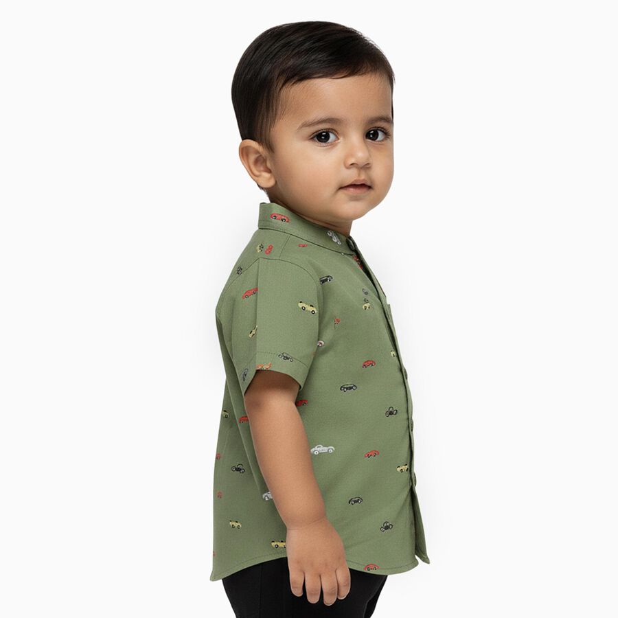 Boys Olive Green Cotton Half Sleeve Mandarin Collar Shirt, Olive, large image number null