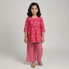 Girls Bright Pink Printed Round Neck Bohemian Kurta and Palazzo Fusion Set, रानी (फ्यूशिया), small image number null