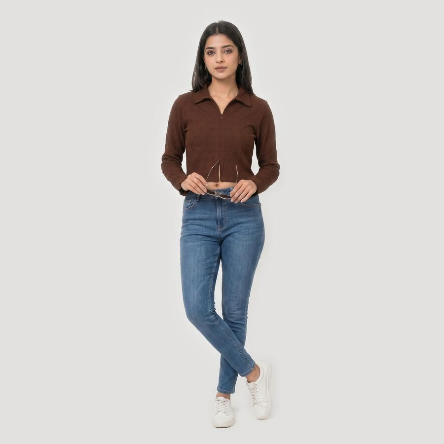 Women's Brown Collared Neck Crop Top, भूरा, large
