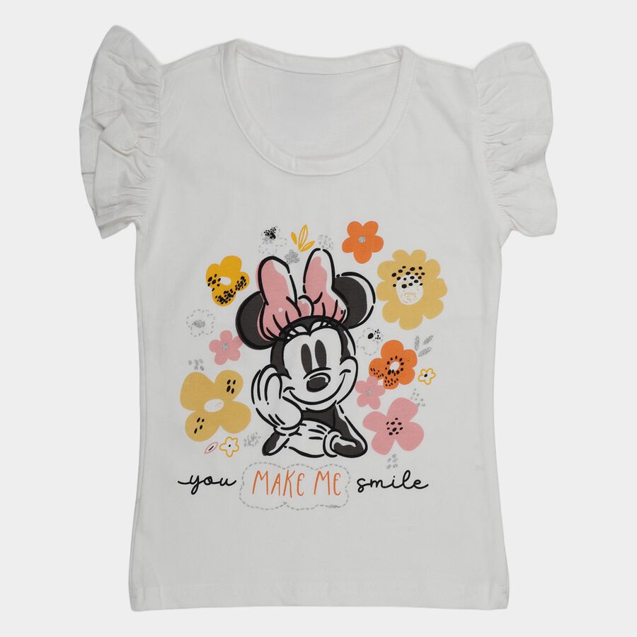 Girls' Off-White Cotton Round Neck Minnie Mouse Printed T-Shirt, ऑफ व्हाइट, large