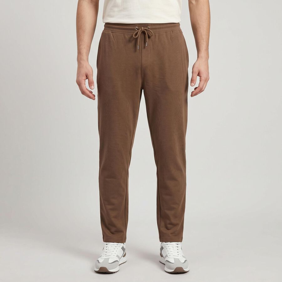 Men's Brown Straight Fit Solid Track Pants, भूरा, large