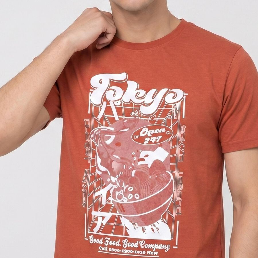 Men's Rust Round Neck Graphic Print Regular T-Shirt, Rust, large