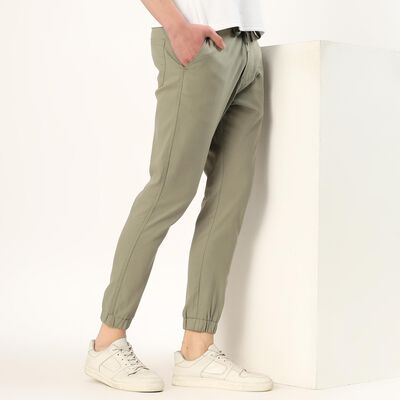 Men's Muted Olive Green Slim Fit Elastic Waist Casual Trousers