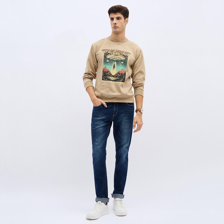 Men's Muted Beige Crew Neck Graphic Sweatshirt, गहरा पीला, large image number null