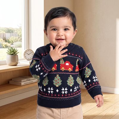 Infants' Navy Blue Crew Neck Printed Pullover
