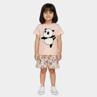 Girls Light Pink Crew Neck Short Set Upper and Bottom Set