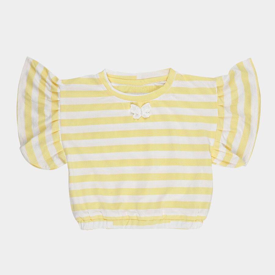 Girls Yellow Round Neck Ruffled Striped T-Shirt, Yellow, large
