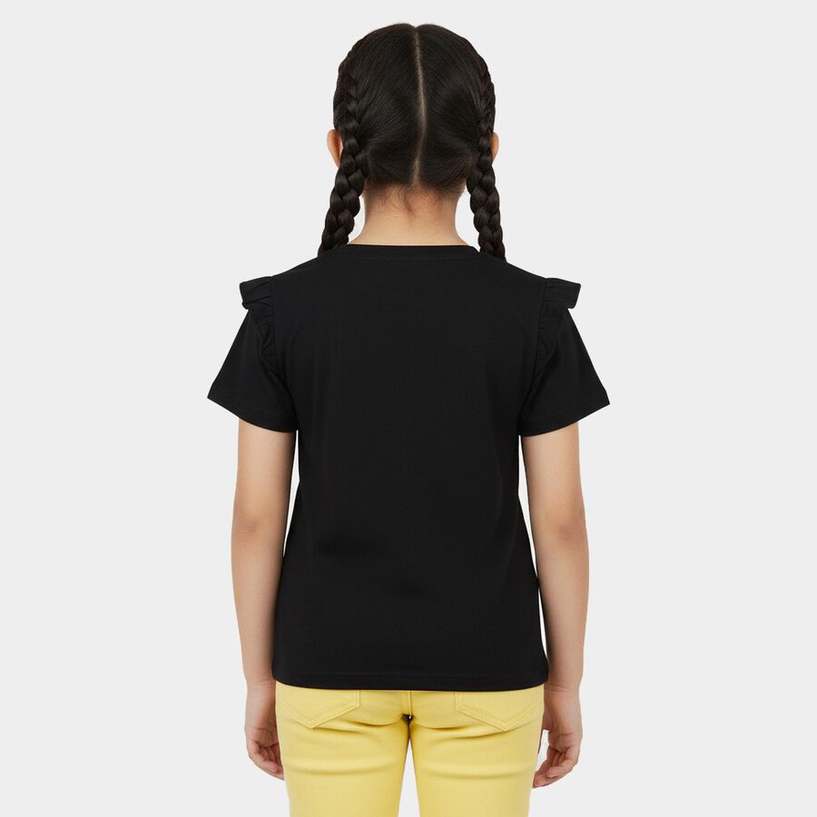Girls Black Cotton Round Neck Casual T-Shirt, काला, large
