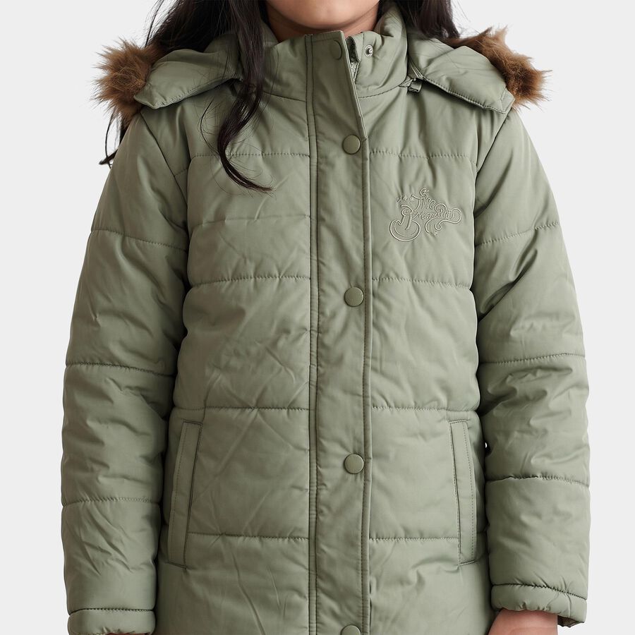 Girls' Sage Green Hooded Puffer Jacket, Light Green, large