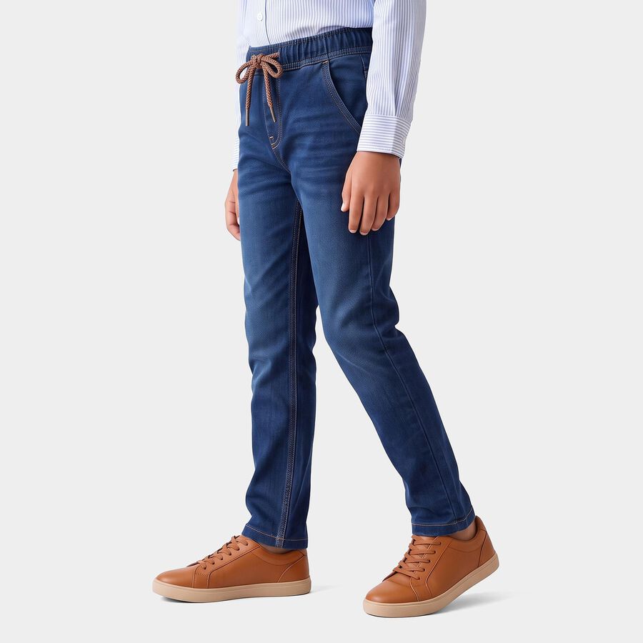 Boys' Navy Blue Straight Fit Drawstring Waist Jeans, गहरा नीला, large