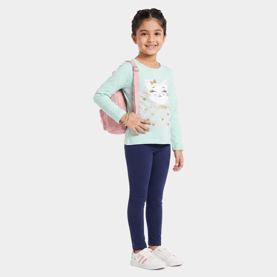 Girls' Mint Green Cotton Round Neck Regular Top, हल्का हरा, large