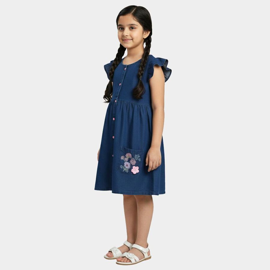 Girls' Blue Regular Fit Floral Printed Ribbon Bow Frock, Mid Blue, large
