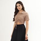 Women's Rich Eggshell White 100% Cotton Mock Neck Minimalist Top, Beige, small