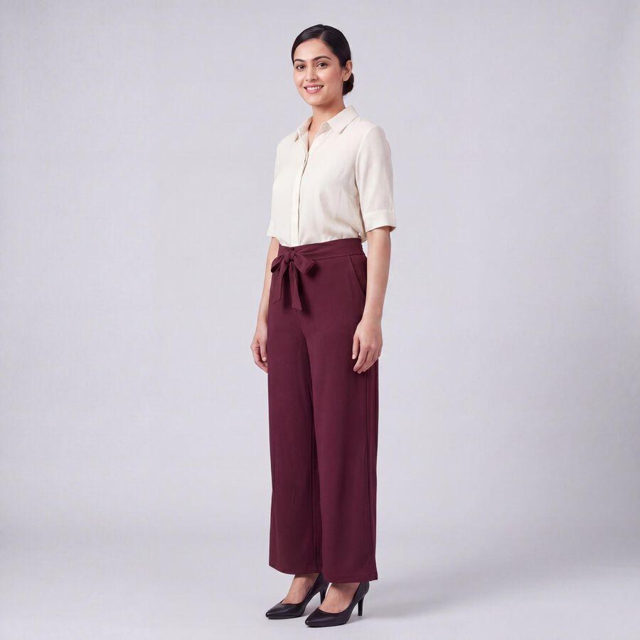 Women's Wine Regular Fit Solid Trousers, वाइन, large