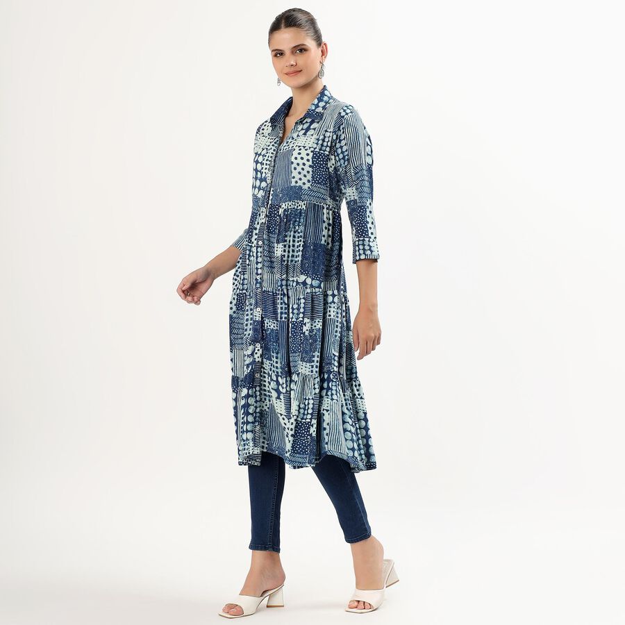 Women's Dark Indigo Blue Collar Neck Printed Kurta, Dark Blue, large image number null
