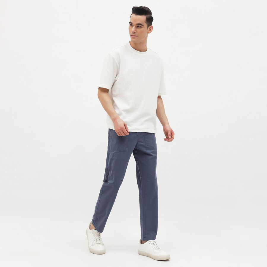 Men's Muted Steel Blue Slim Fit Elastic Waist Casual Trousers, Mid Blue, large