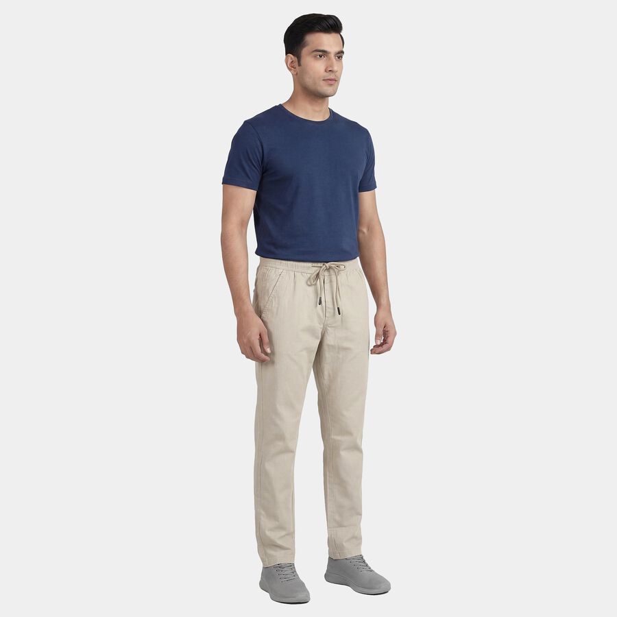 Men's Beige Slim Fit Flat-Front Casual Trousers, Beige, large