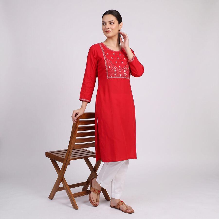 Women's Fuchsia Round Neck Embroidered Kurta, Fuchsia, large
