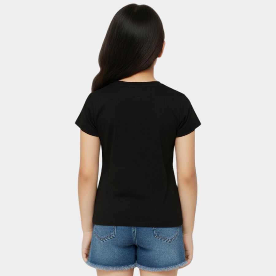 Girls Black Cotton Round Neck Casual T-Shirt, Black, large