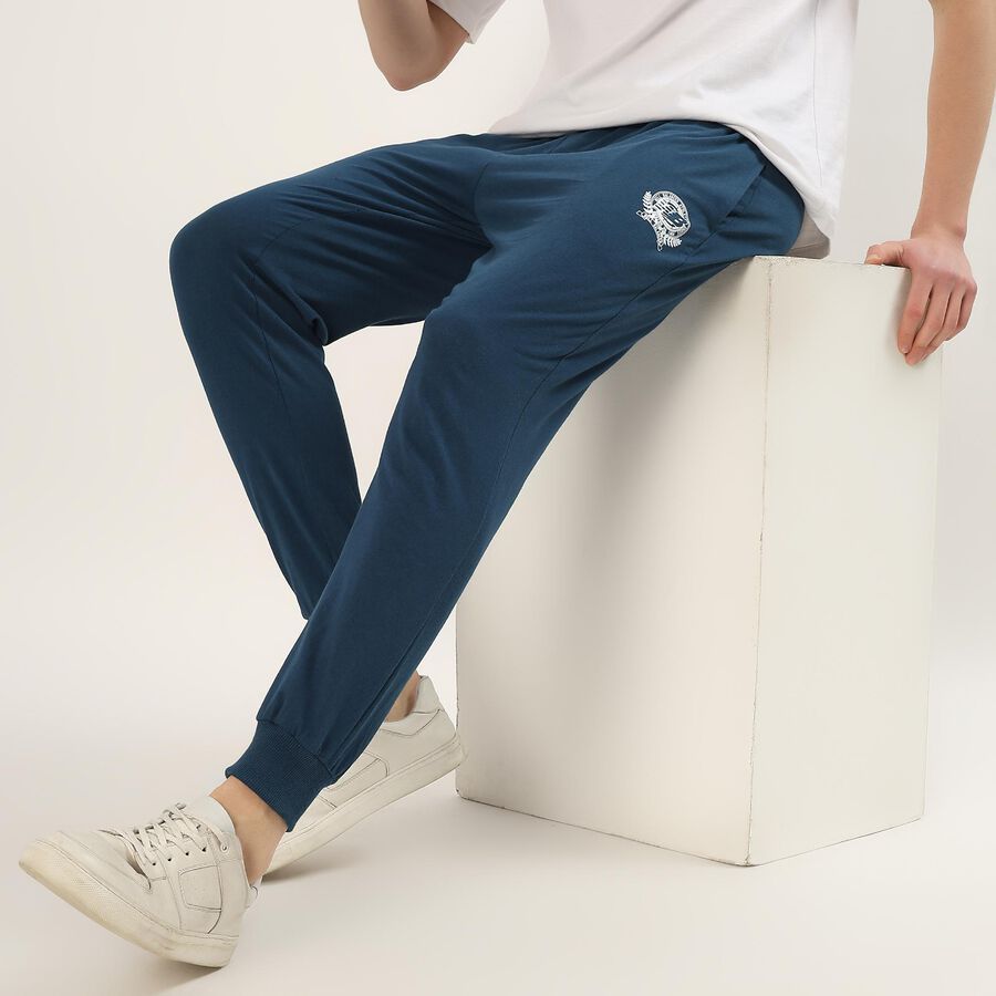 Men's Navy Blue Cotton Blend Elastic Waist Track Pants, Teal Blue, large