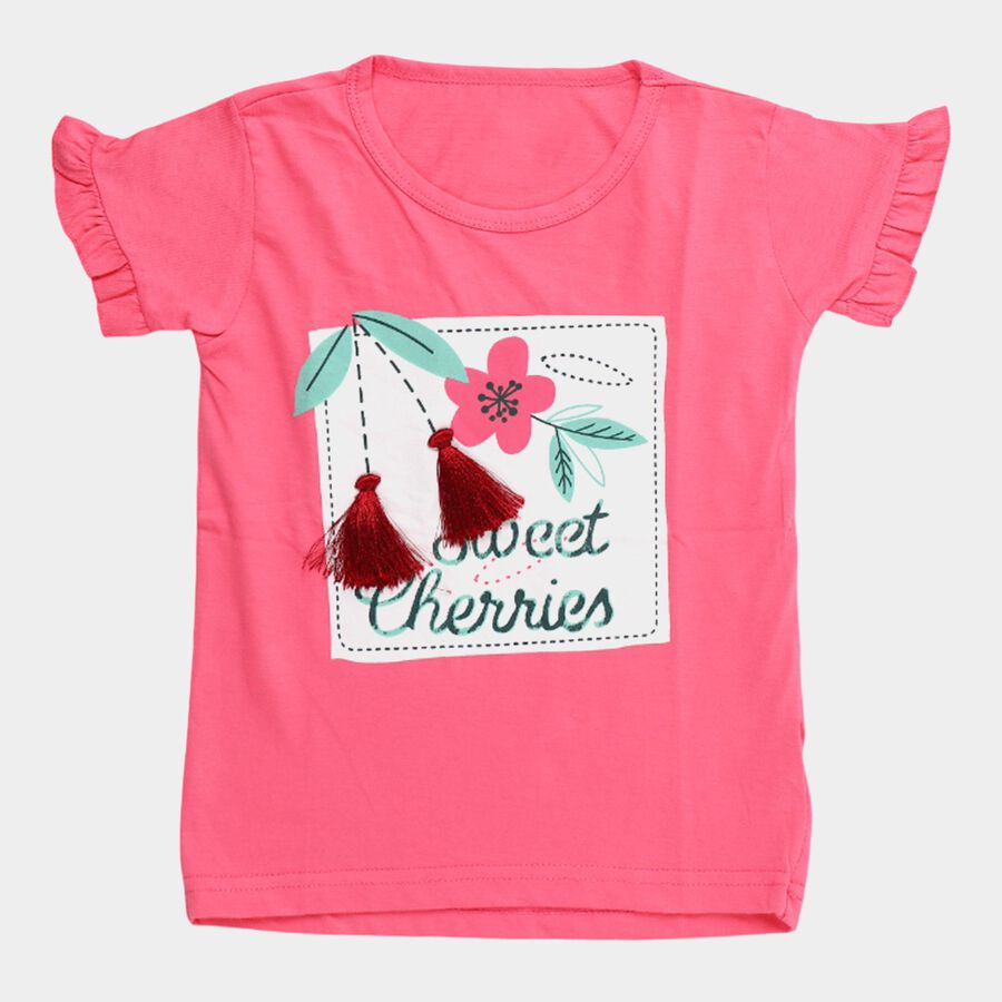 Girls Pink Cotton Round Neck Casual T-Shirt, Pink, large