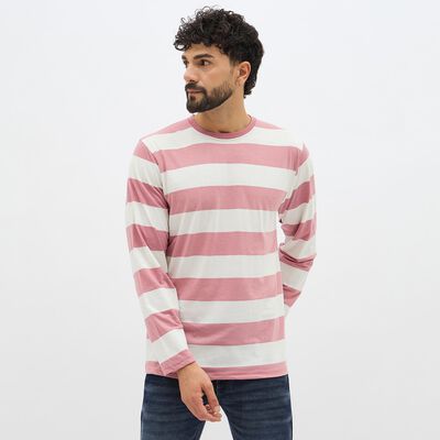 Men's Light Pink and White Crew Neck Casual T-Shirt