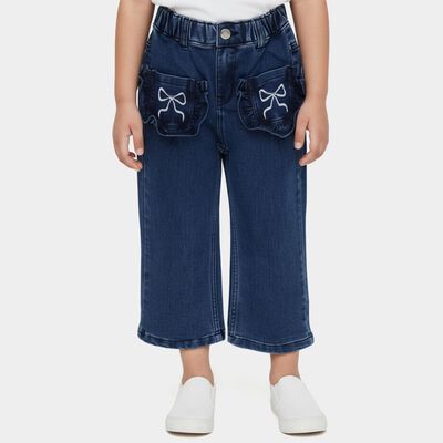 Girls' Navy Blue Wide Leg Ruffled Bow Jeans