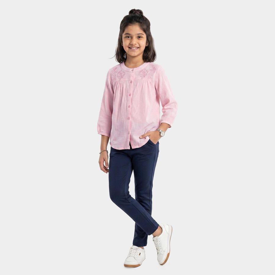 Girls' Pink Round Neck Regular Blouse, Light Pink, large