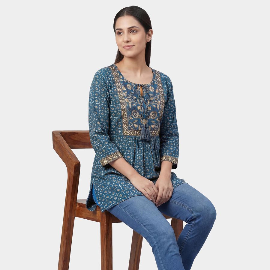 Women's Navy Blue Notch Neck Printed Straight Kurti, गहरा नीला, large