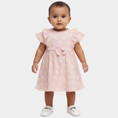 Infants' Pink Regular Fit Daisy Printed Ruffle Sleeve Frock