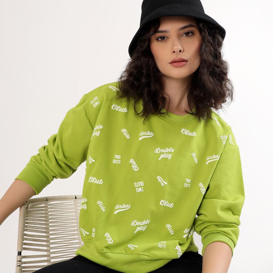 Women's Bright Lime Green Crew Neck Casual Sweatshirt, Light Green, large image number null