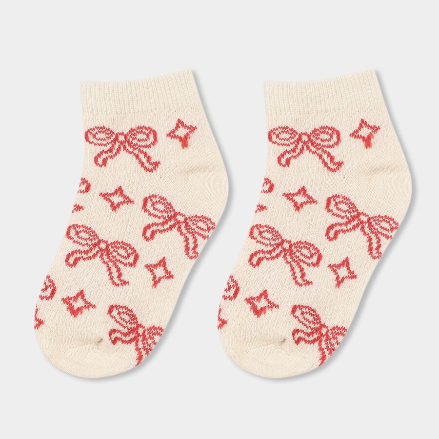 Girls' Bright Red and Cream Regular Fit Bow Pattern Pack of 2 Socks, Red, large image number null