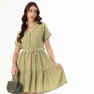 Women's Olive Green V-Neck Casual Dress