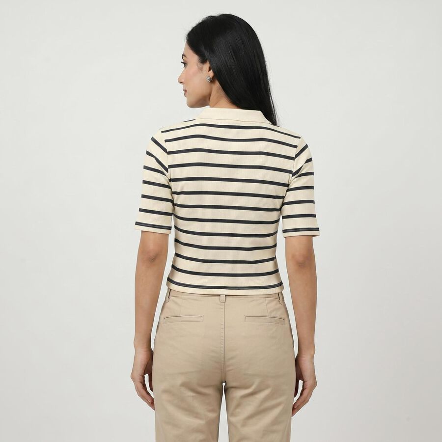 Women's Navy Blue Polo Neck Striped Crop Top, नेवी ब्लू, large