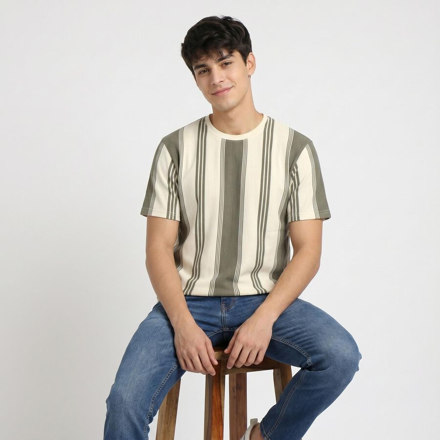 Men's Green Round Neck Striped Regular T-Shirt, हल्का हरा, large