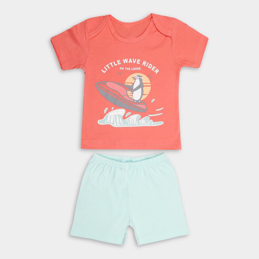 Infant Boys' 100% Cotton Boat Neck Baba Suit , मूँगा (कोरल), large image number null