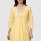 Women's Yellow V-Neck Embellished Kurta, Yellow, small