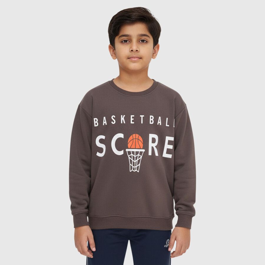 Boys Dark Chocolate Brown Crew Neck Graphic Sweatshirt, Charcoal, large image number null