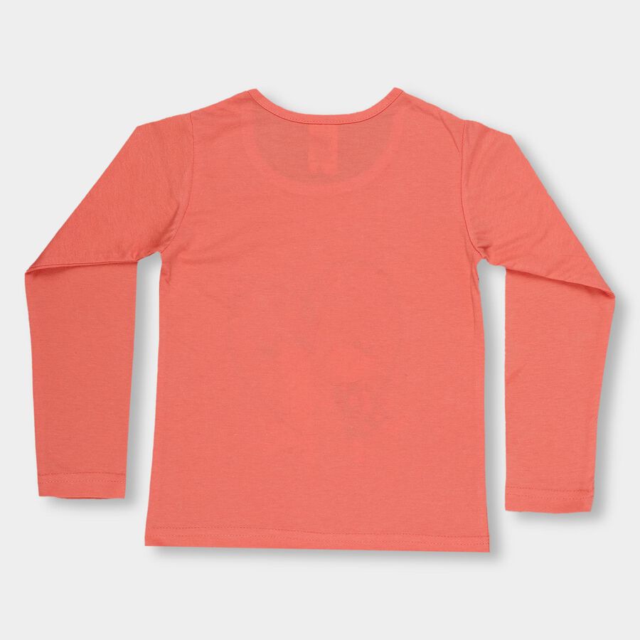 Girls' Bright Coral Cotton Round Neck Casual Top, मूँगा (कोरल), large image number null