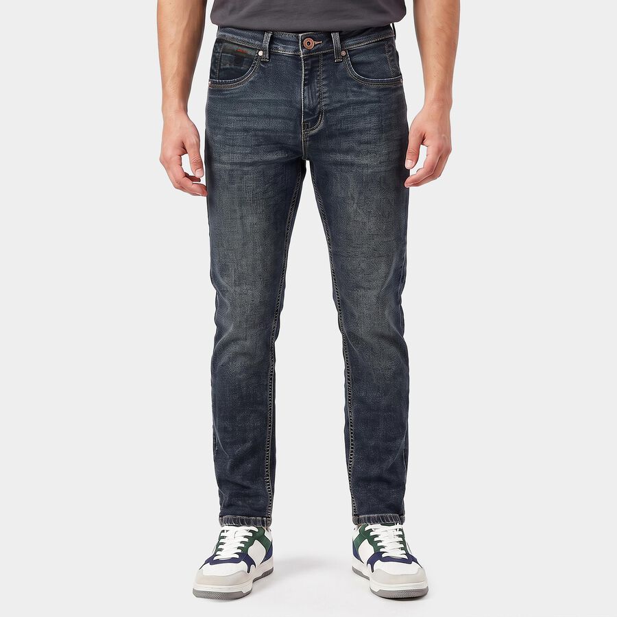 Men's Navy Blue Slim Fit Washed Jeans, Dark Blue, large