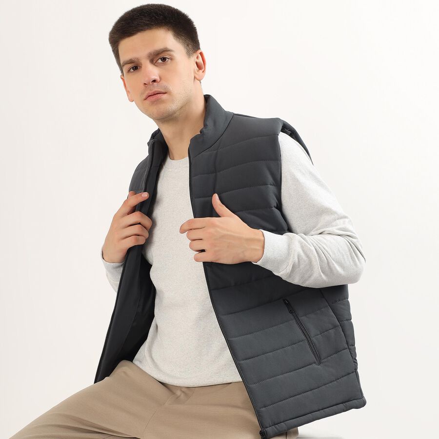 Men's Dark Grey High Neck Sleeveless Jacket, Dark Grey, large image number null