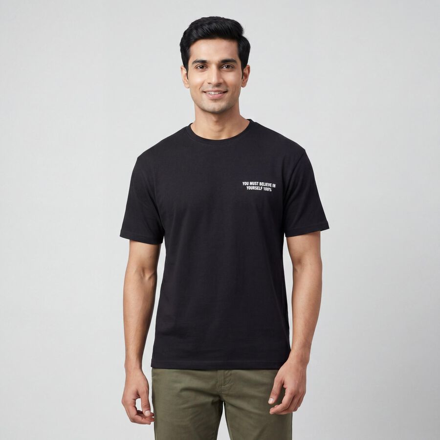 Men's Black Round Neck Minimalist T-Shirt, काला, large
