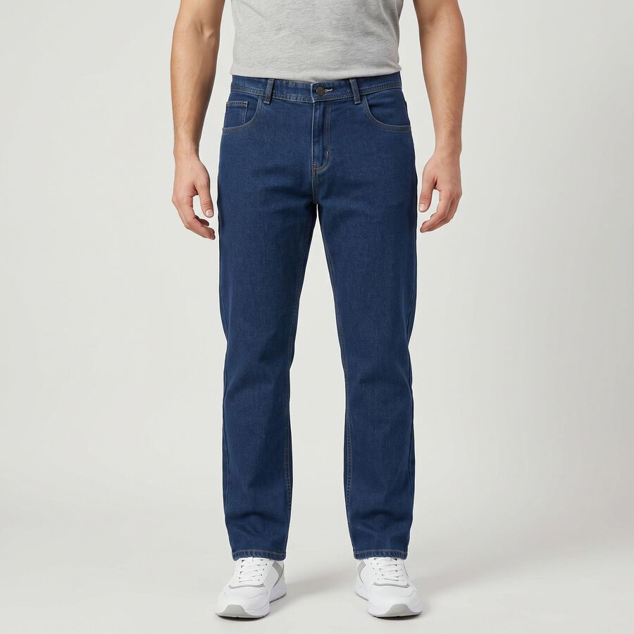 Men's Blue Straight Fit Clean Wash Jeans, मध्यम नीला, large