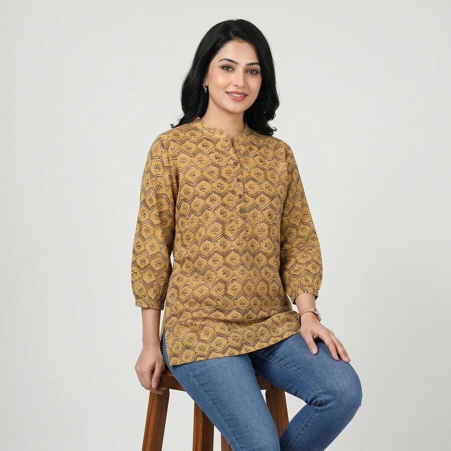 Women's Mustard Mandarin Collar Printed Straight Kurti, Mustard, large