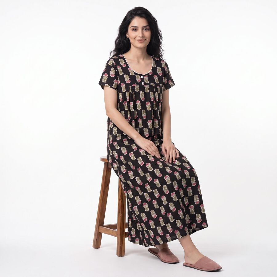 Women's Black Scoop Neck Maxi Nighty, काला, large