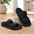 Men's Black Buckle Strap Slide Sandals, Black, small