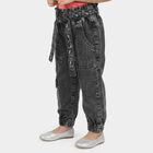 Girls' Black Jogger Fit Embroidered Belt Cargo Jeans, Black, small