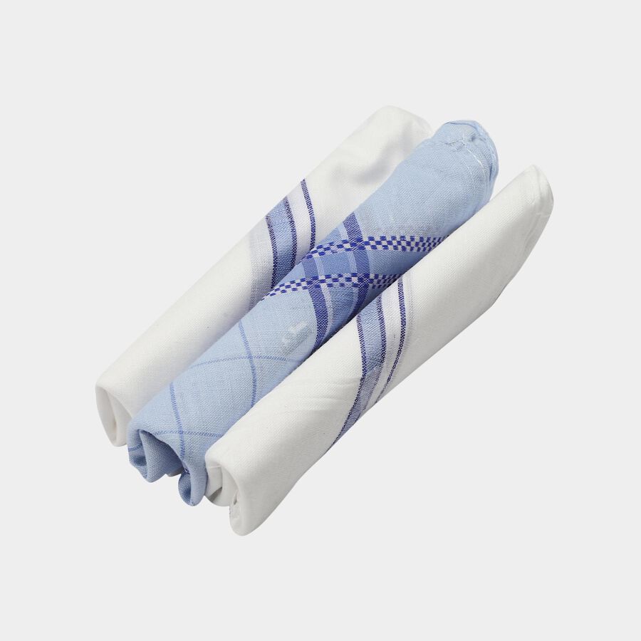 Men's Blue Checked Pack of 3 Handkerchief, मध्यम नीला, large