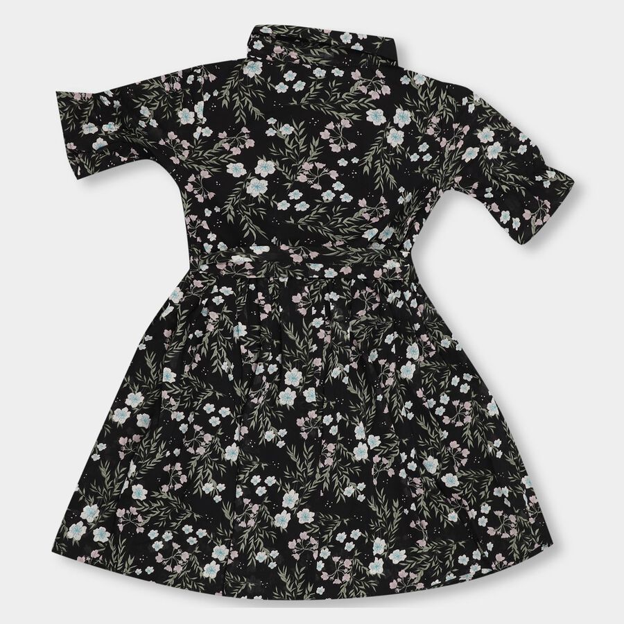 Girls' Black Collar Neck Gathered Dress, Black, large image number null