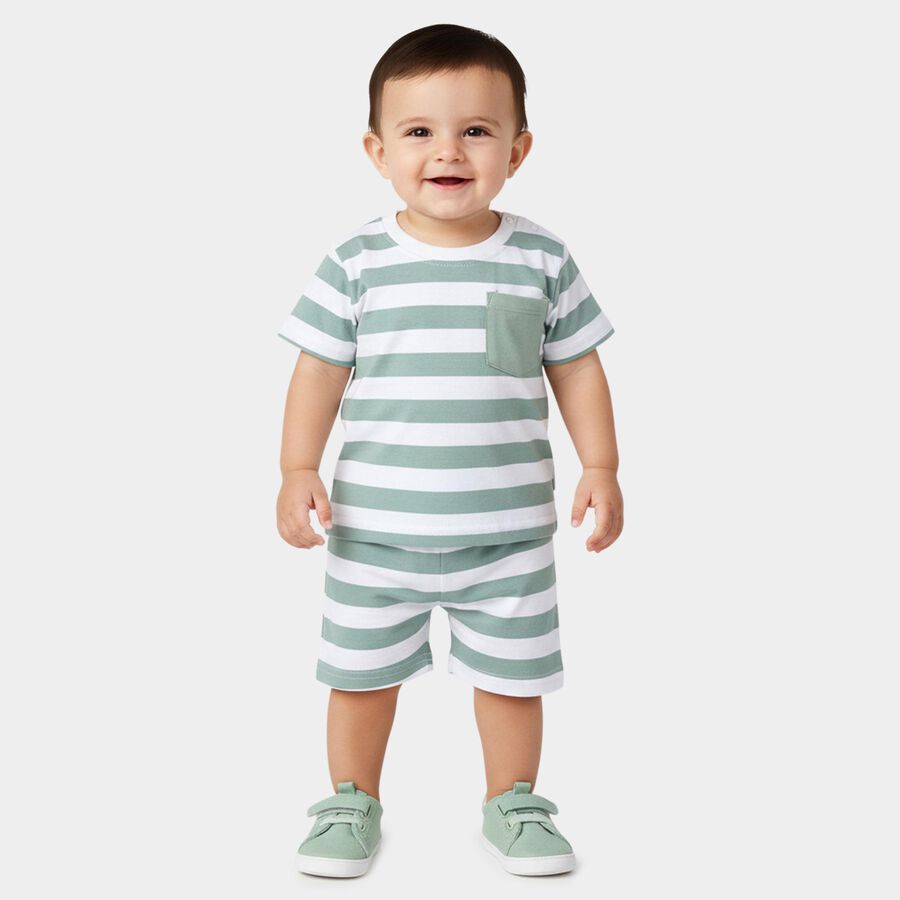 Infants' Mint Green Cotton Round Neck Striped Baba Suit, हल्का हरा, large